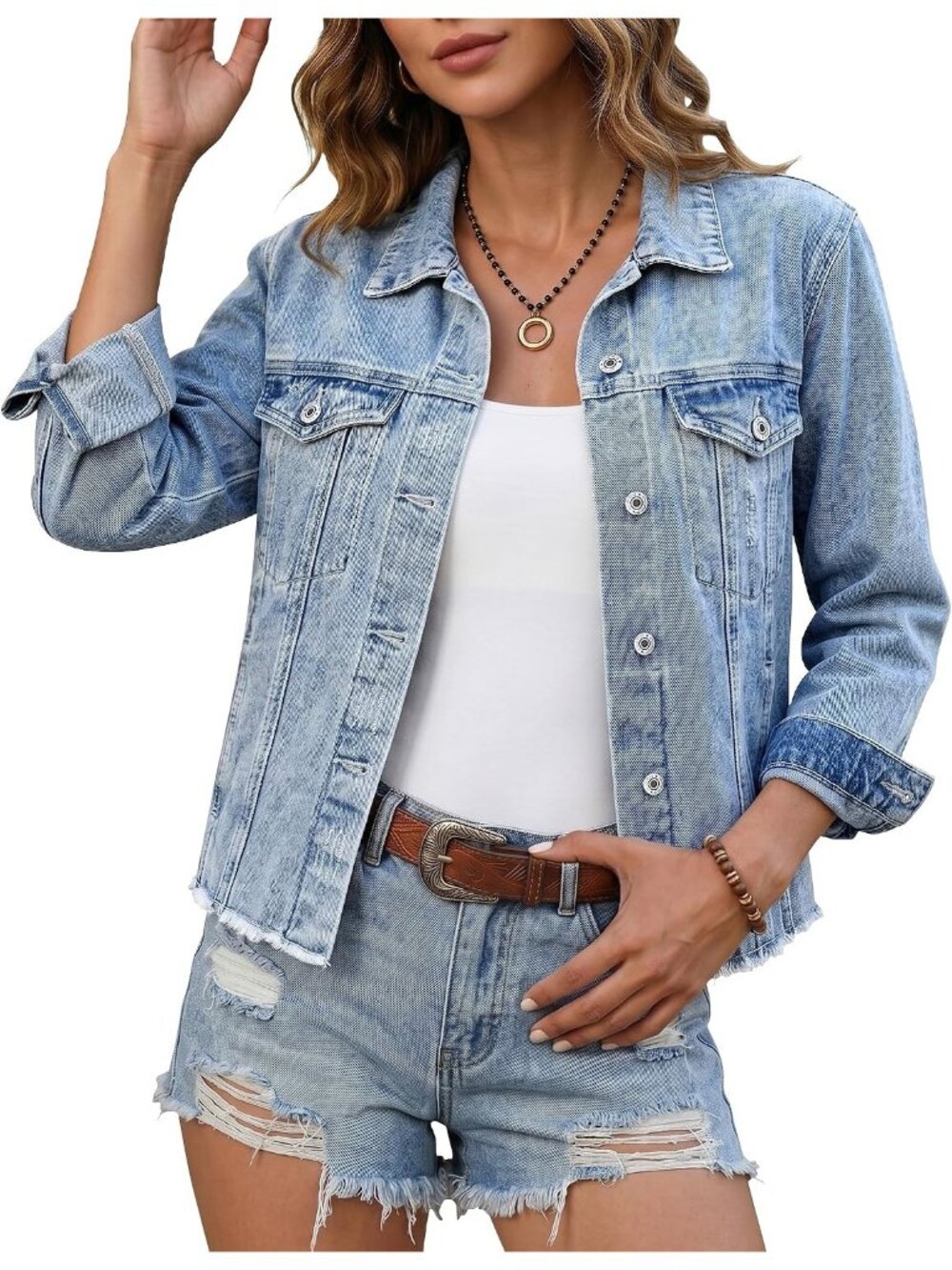 Women’s Wishful Blue Western Trucker Frayed Hem Vintage Distressed Jean Jacket